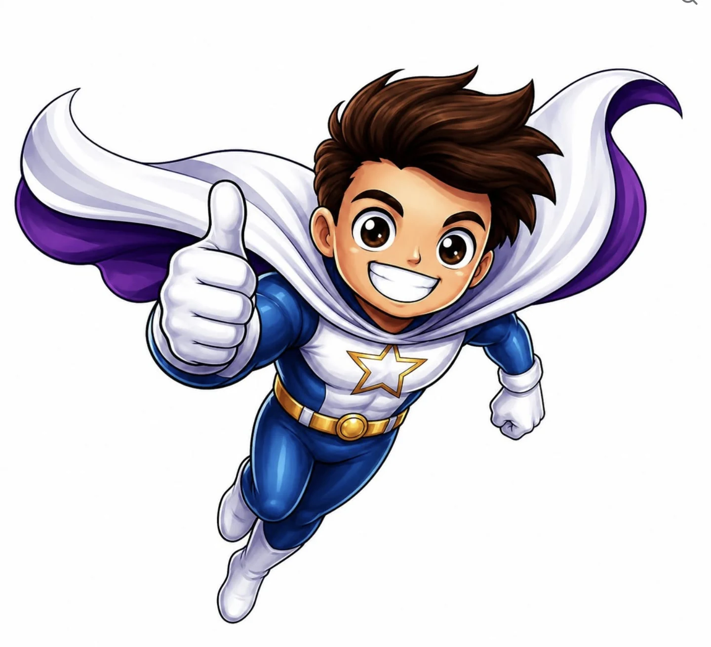 Buddy Odyssey flying in a blue and white superhero suit with a purple-lined cape
