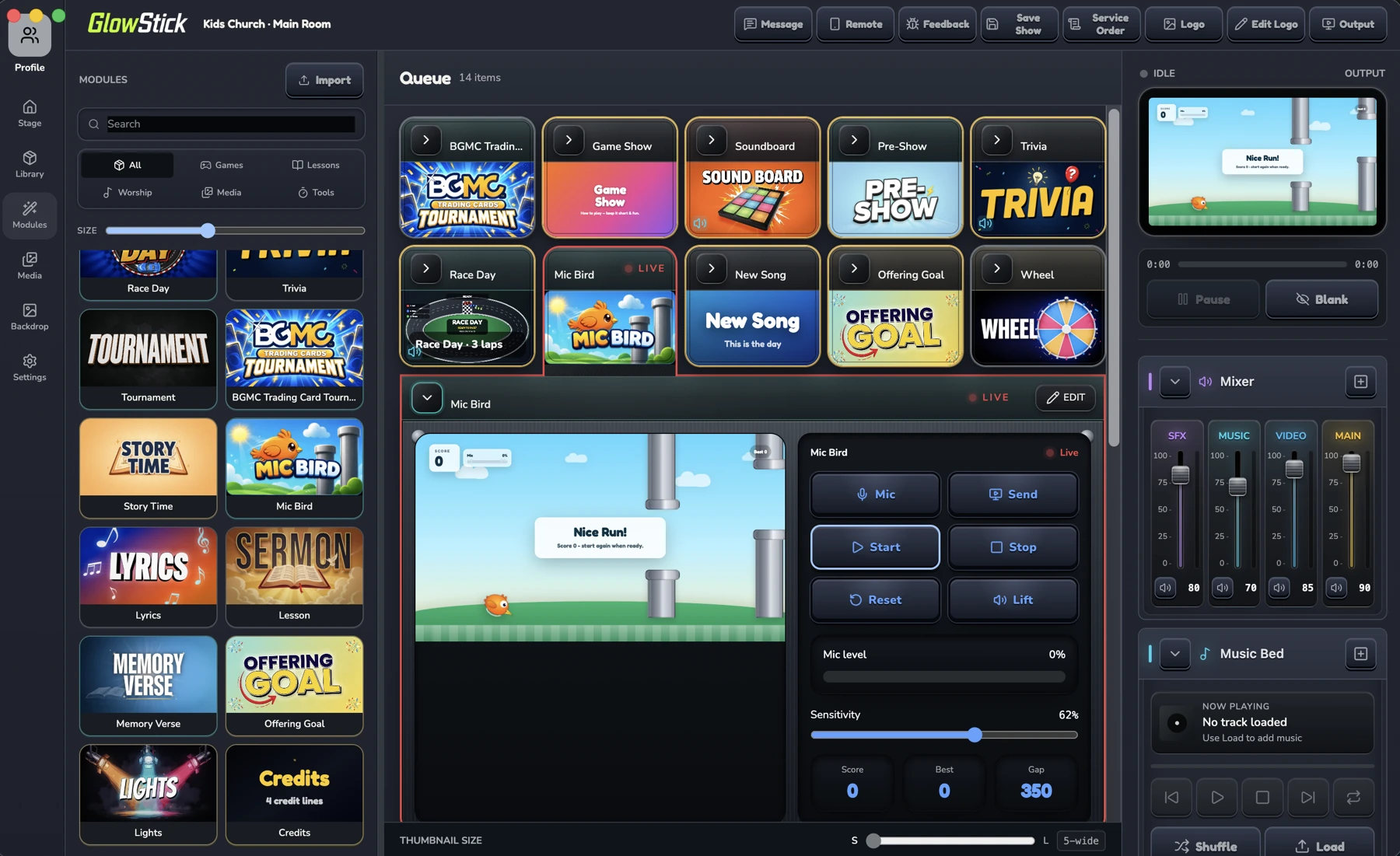 GlowStick Station software with BGMC tournament, games, lessons, worship, and media modules